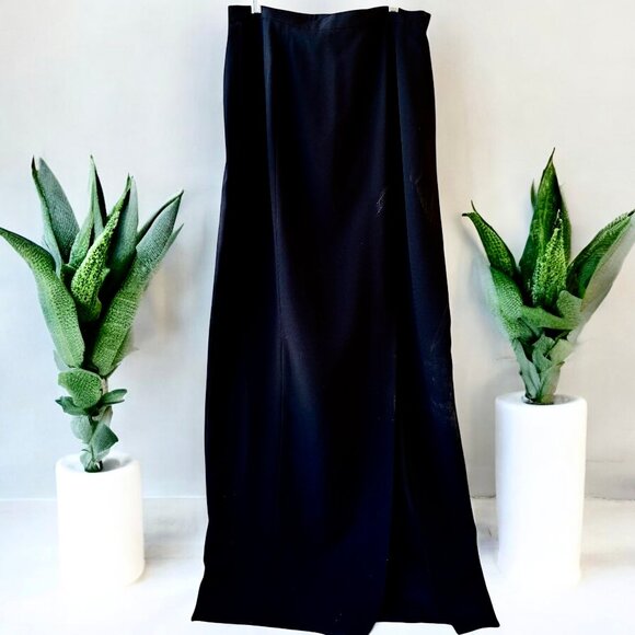Vintage 80's Long Maxi Black Skirt Made in Hong Kong Deep Slit Lined Womens 12 - Picture 4 of 14